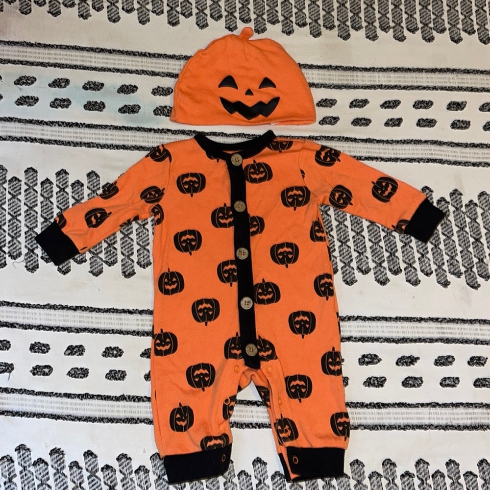 🐻🐻 Sz 0-3 Months Halloween Baby Pumpkin Costume Pajamas Hat Set Orange W Black